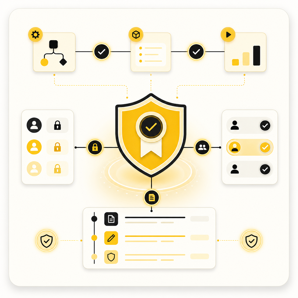 Illustration conveying secure AI automation guardrails with approval checkpoints, audit trail, and validation controls.