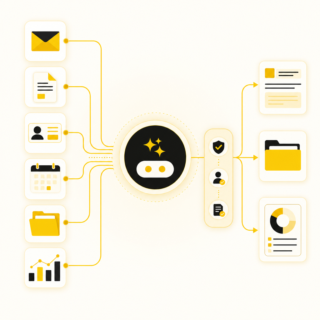 Diagram-style illustration showing connected admin workflows powered by AI assistants for emails, documents, CRM updates, scheduling, file management, and reporting.