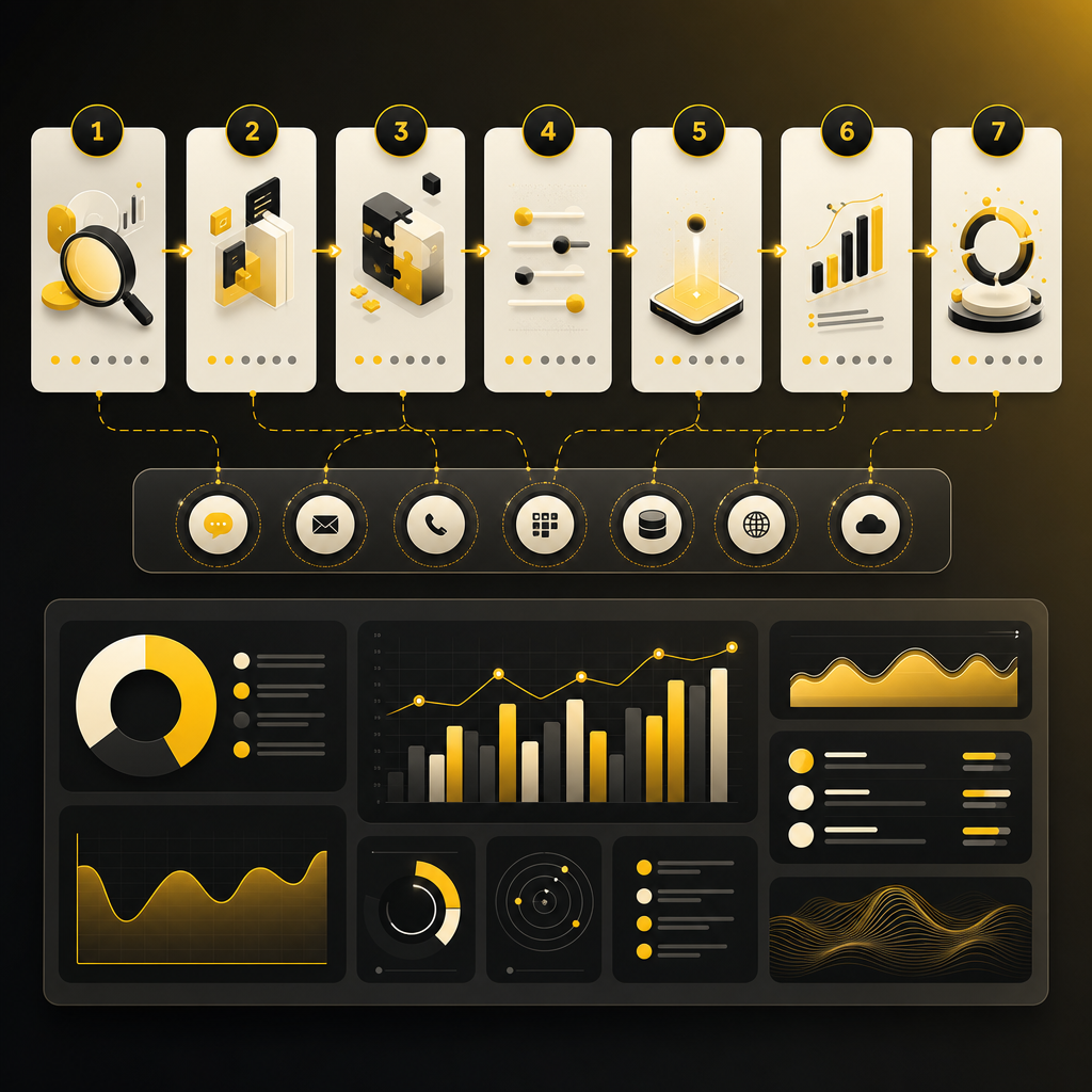 Abstract workflow and step-by-step automation dashboard illustration representing the custom build process.
