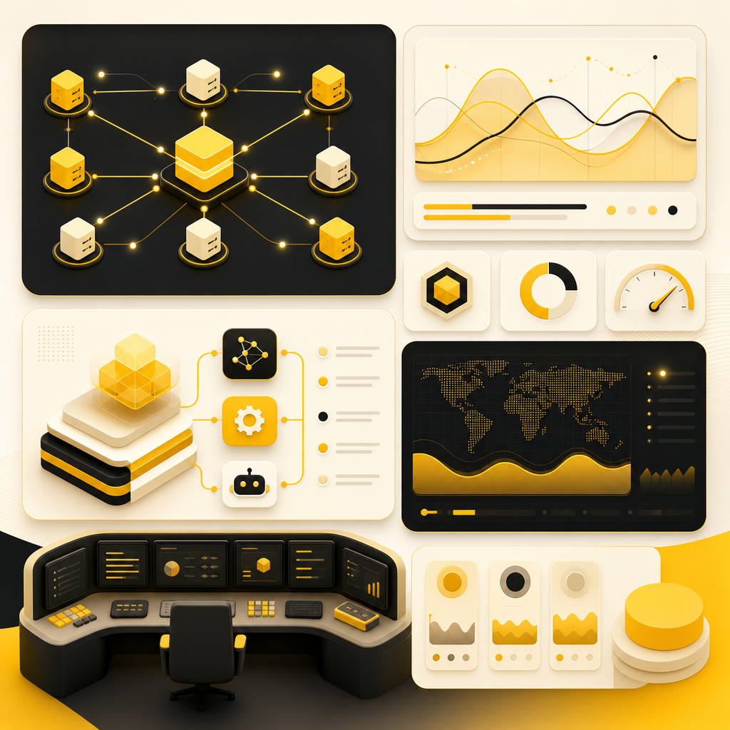 Abstract premium operations dashboard illustration representing reliable custom-coded AI automation and continuous optimization.