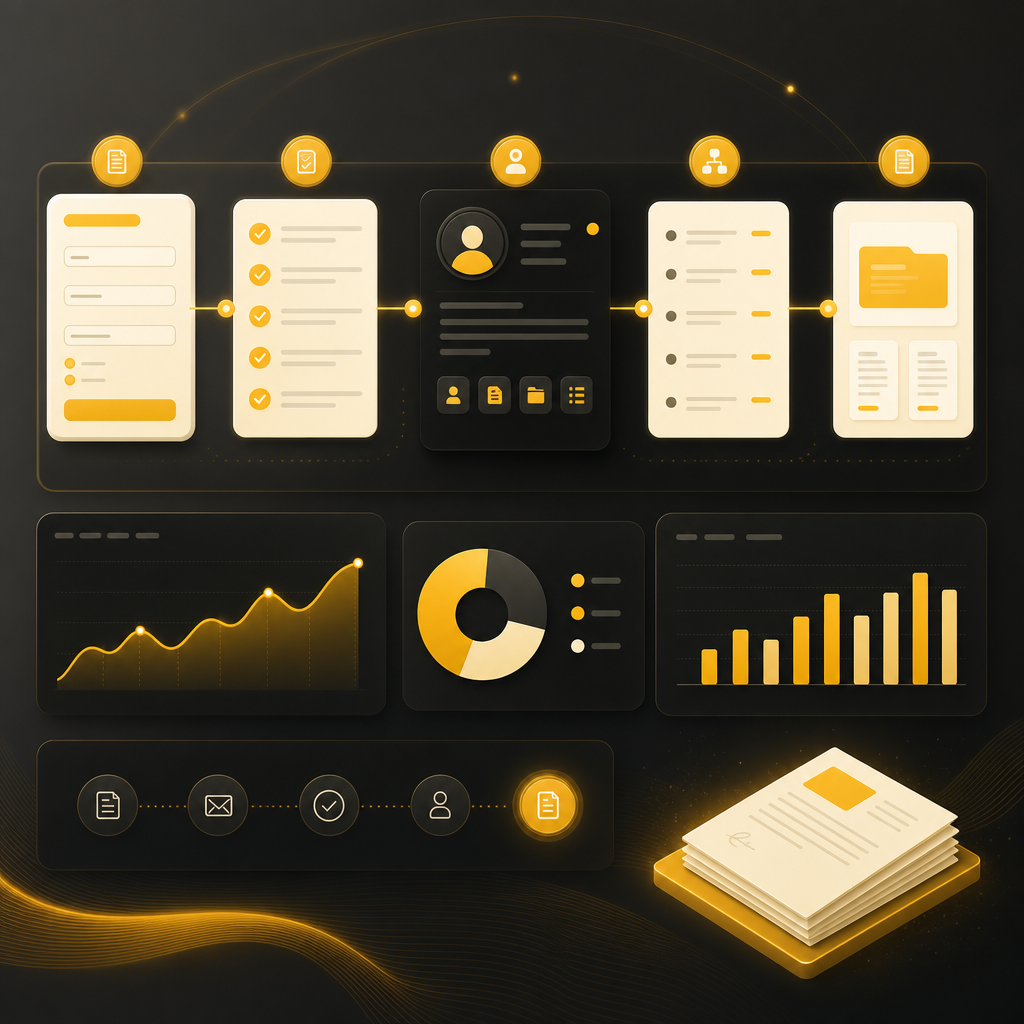 Clean illustration of an AI automation workflow for onboarding with checklist and document-generation panels.