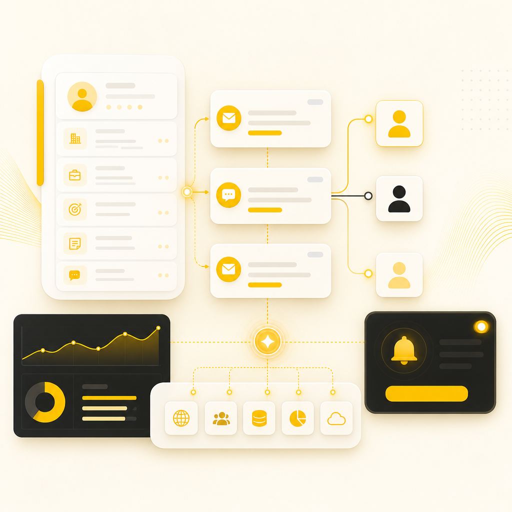 Dashboard-style illustration of an AI workflow that routes and follows up leads with reminders and enrichment modules.