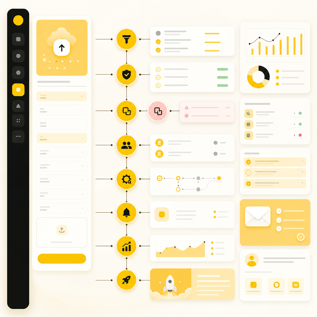 Startup directory automation dashboard showing submission intake, review routing, status updates, and onboarding flow.