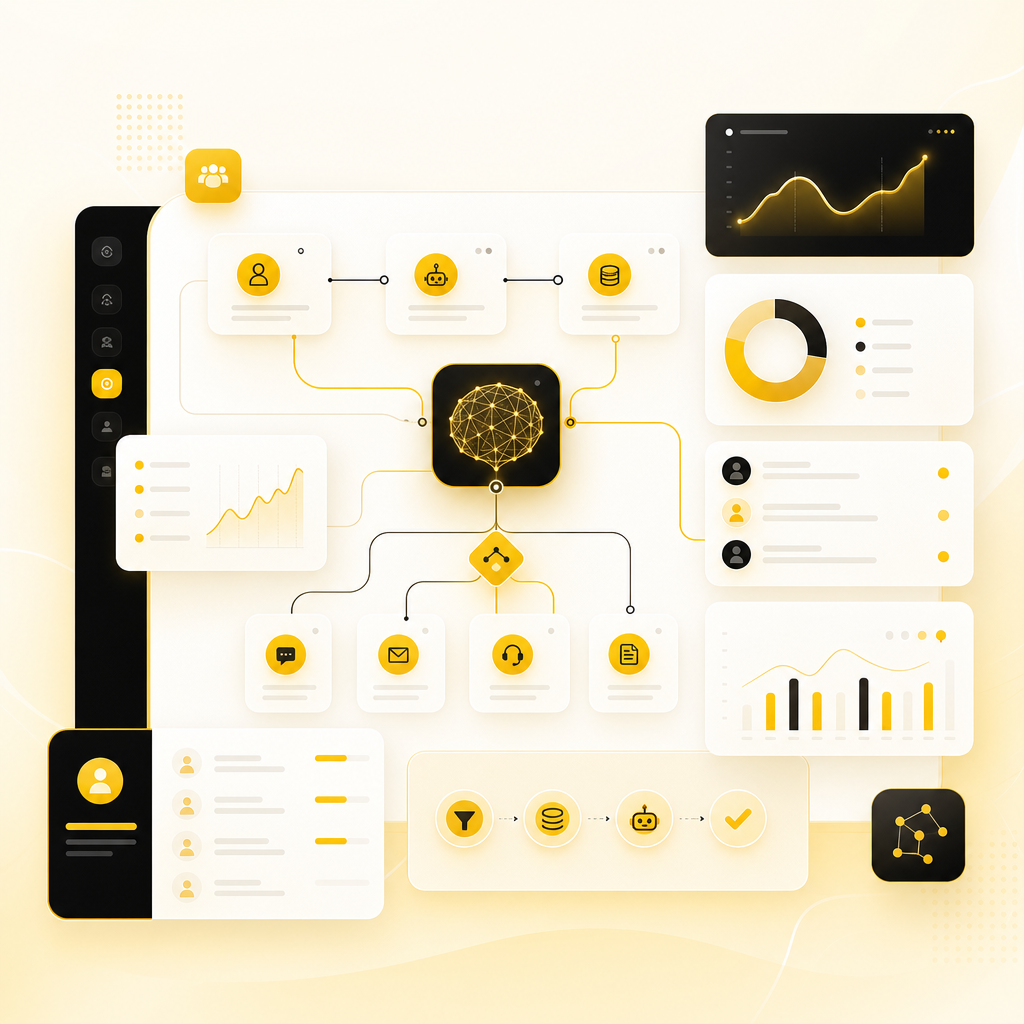 Dashboard illustration of AI automation workflows connecting leads, support, CRM updates, and reporting.