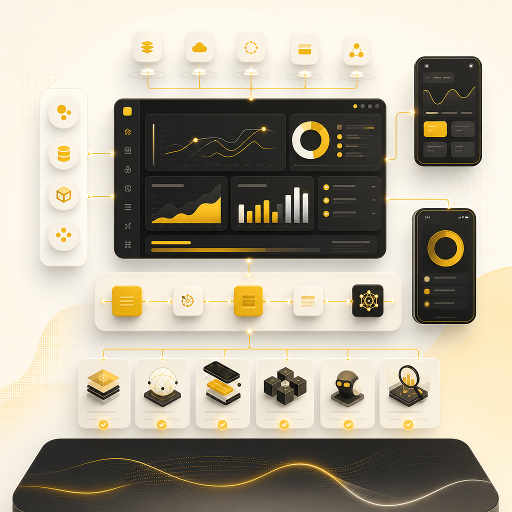 Service dashboard illustration showing connected digital systems, integrations, workflow automation, and analytics panels.
