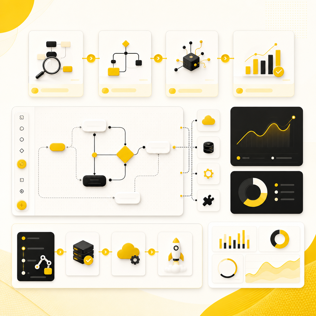Implementation workflow dashboard showing mapping, automation design, integrations, deployment, and optimization