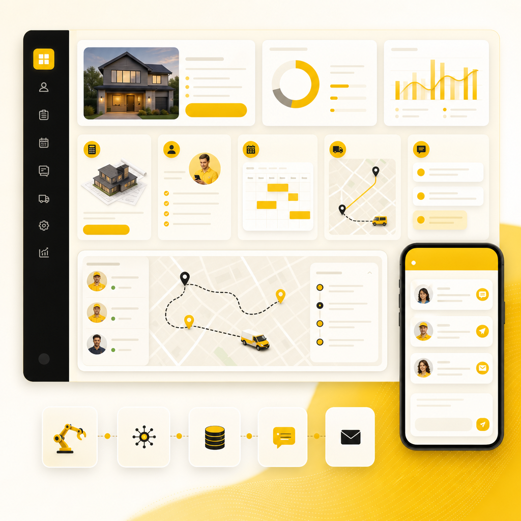 SaaS automation dashboard showing AI estimator, lead qualification, scheduling, dispatch, messages, and integrations