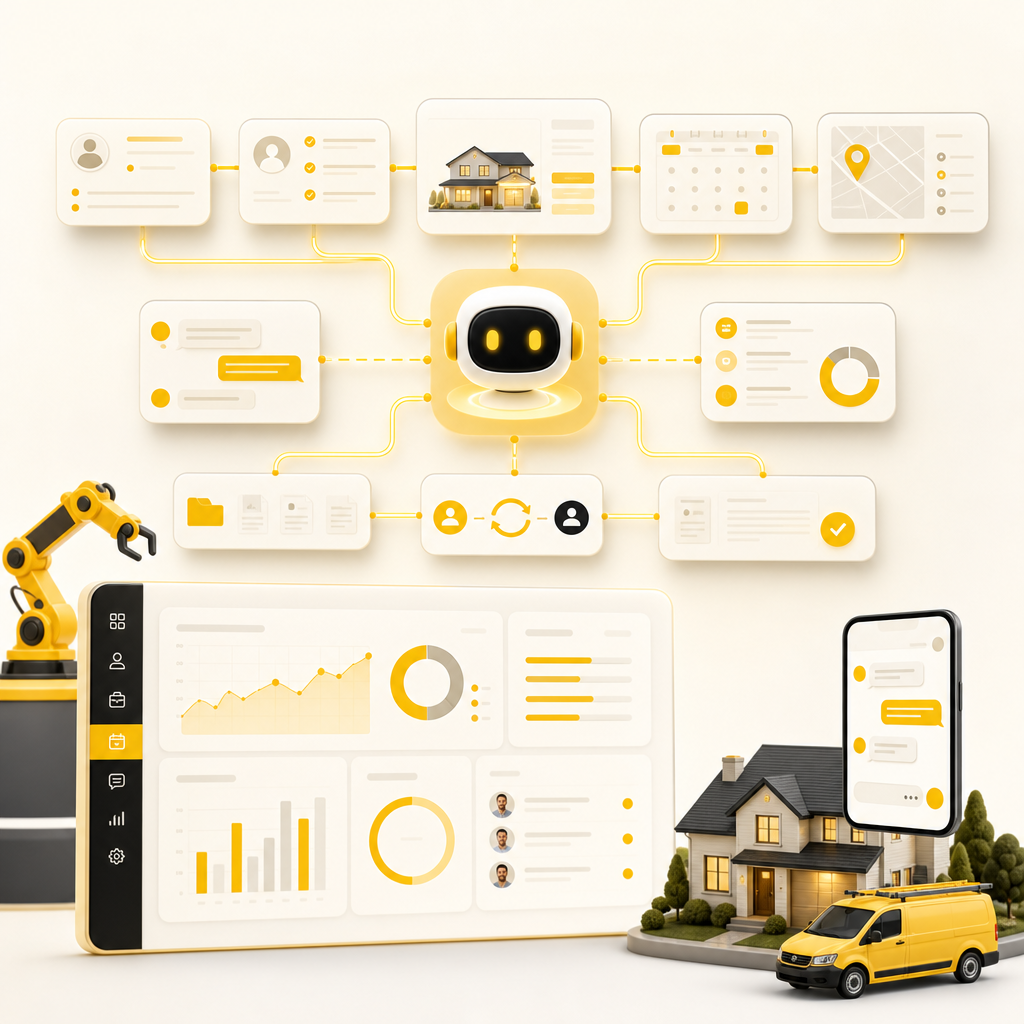 AI automation dashboard connecting leads, estimates, scheduling, dispatch, and customer updates for home service teams
