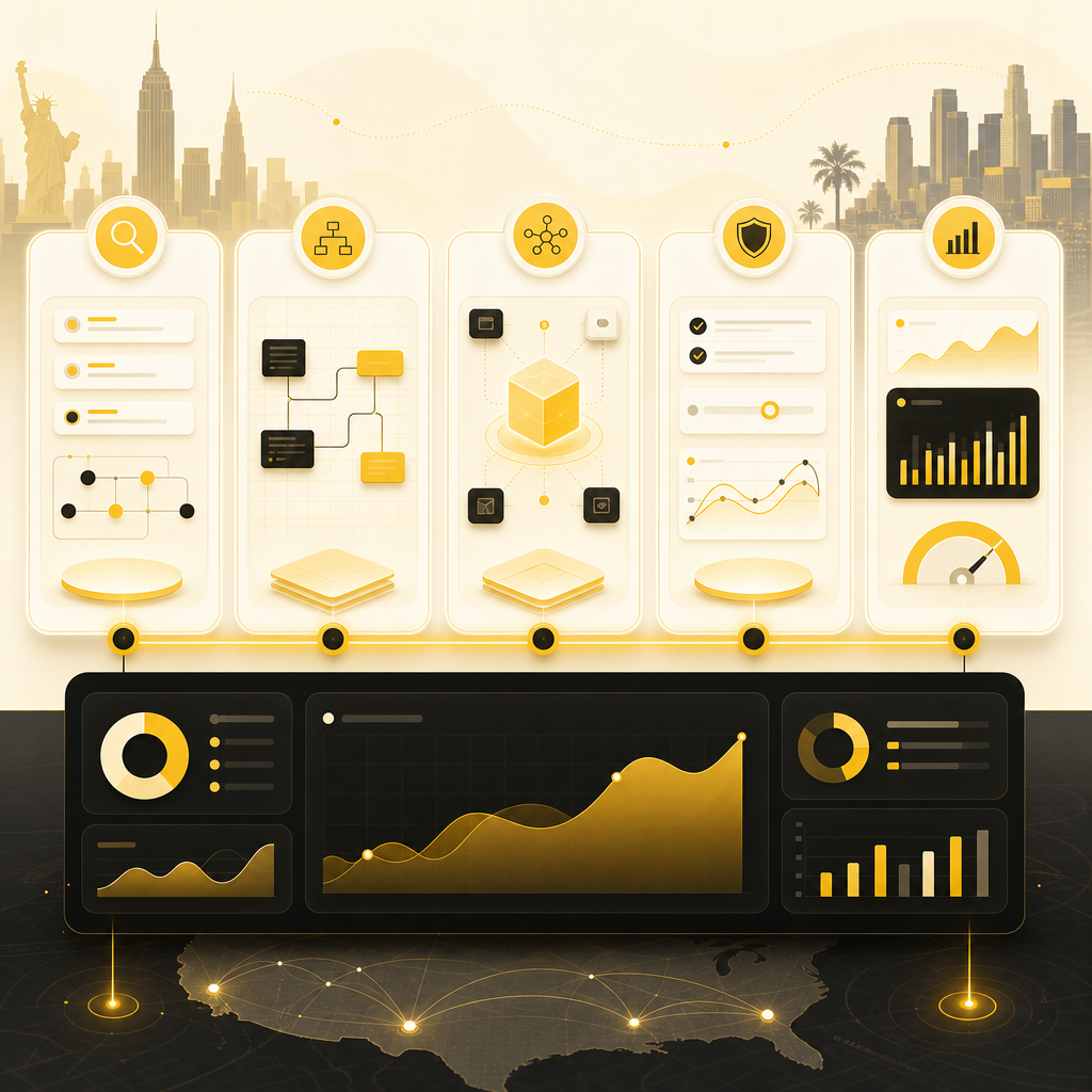 Process dashboard illustration for discovering, designing, building, testing, launching, and optimizing AI automation.