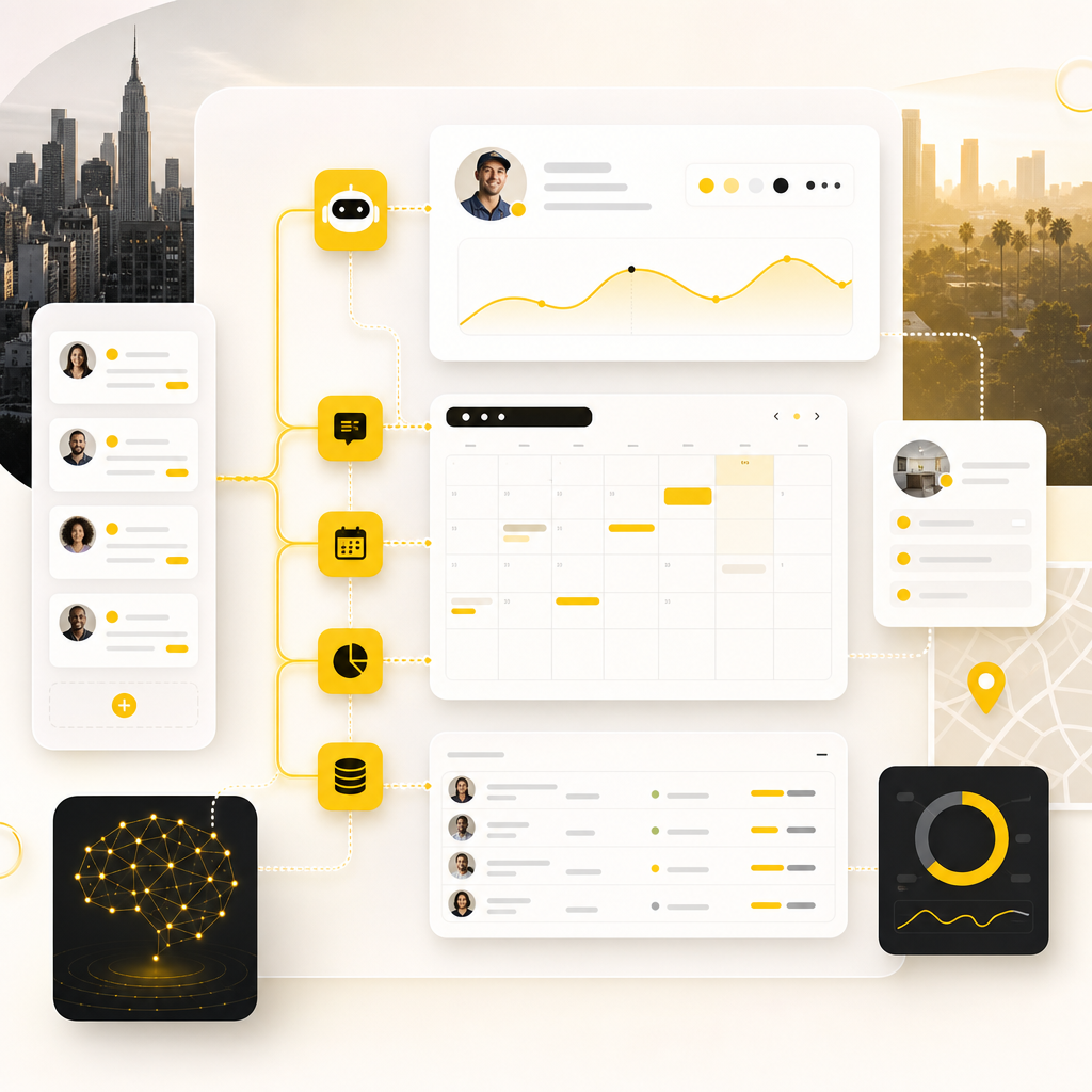 Dashboard illustration of AI automation connecting lead intake, appointments, follow-ups, and CRM updates.