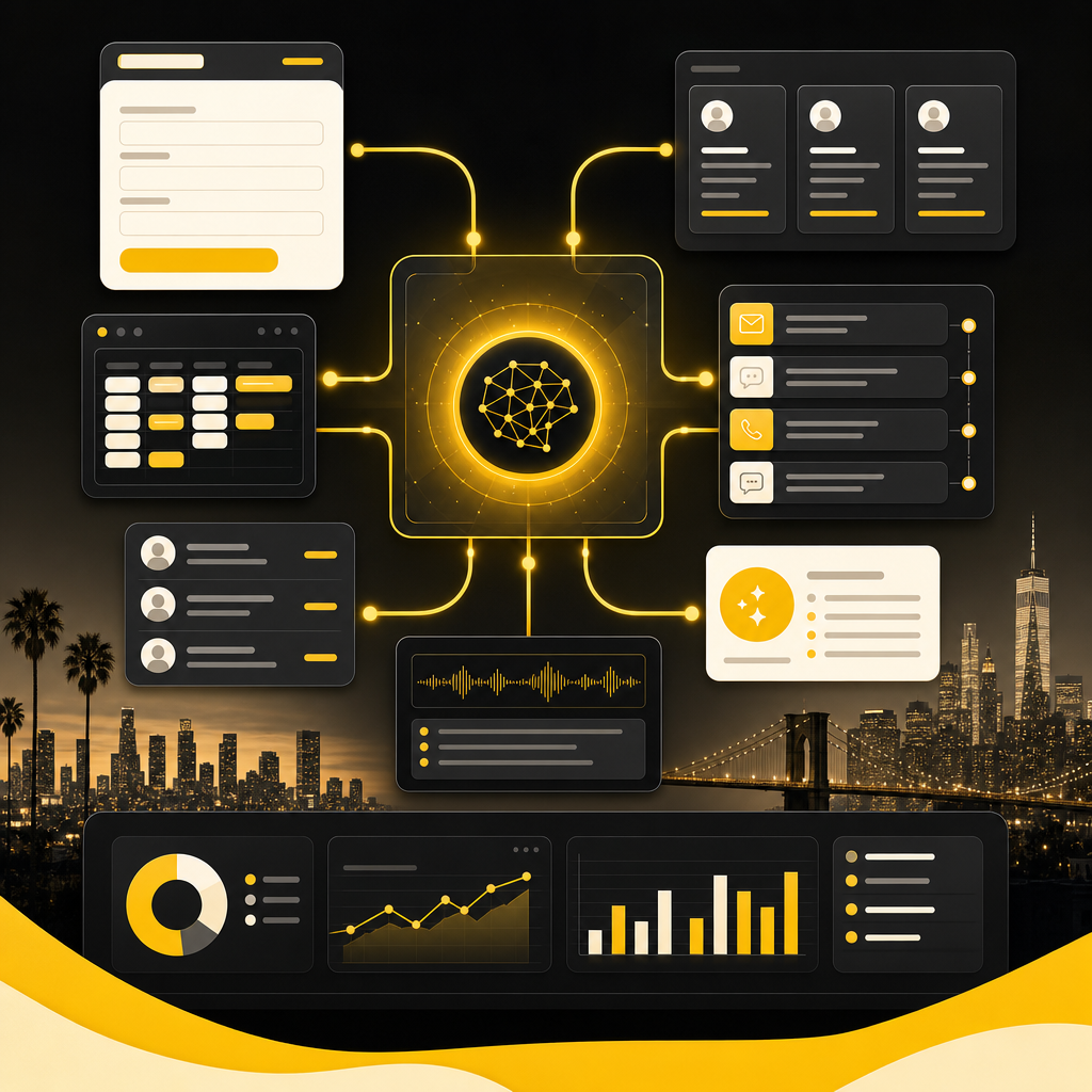 AI integration dashboard showing connected forms, scheduling, CRM updates, messages, and automation logs.