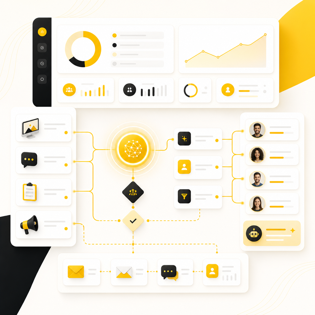 Abstract automation dashboard illustration for lead capture and smart routing workflows.