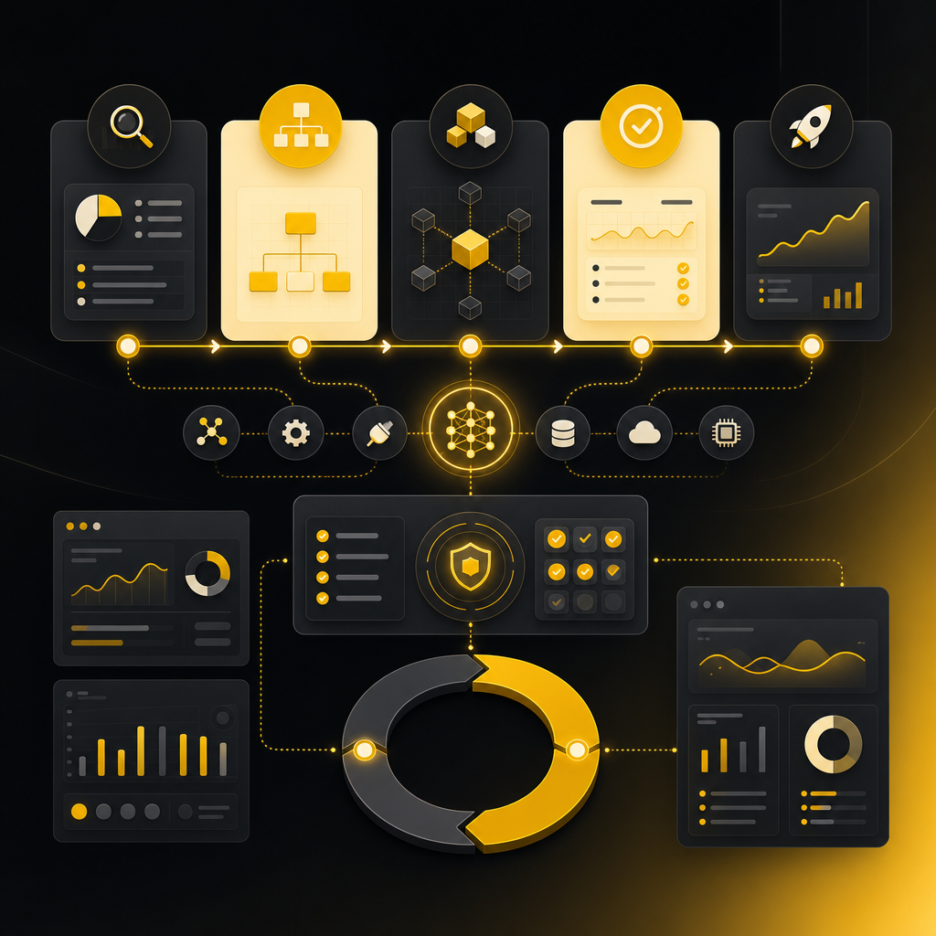 Abstract implementation process dashboard illustration with audit to launch stages.