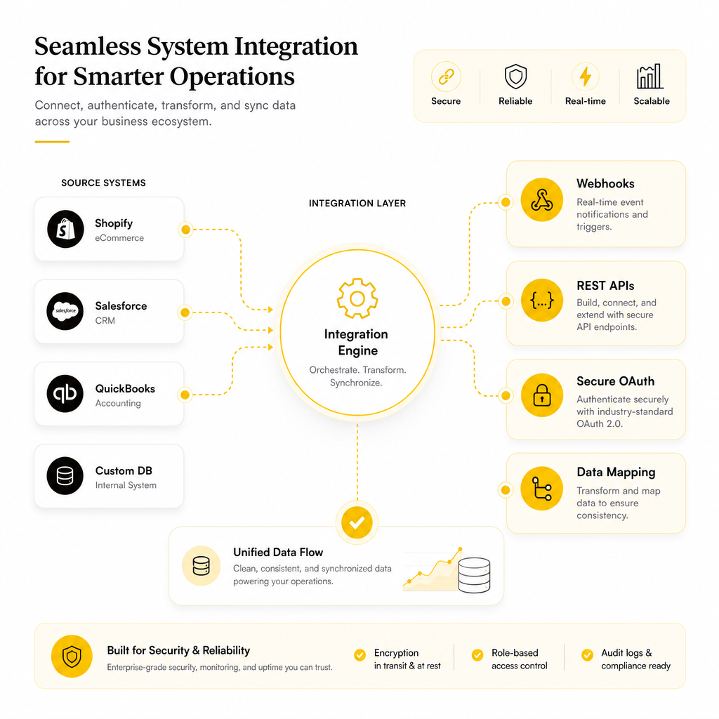Illustration showing AI automation integration with webhooks, REST APIs, OAuth, and data mapping.