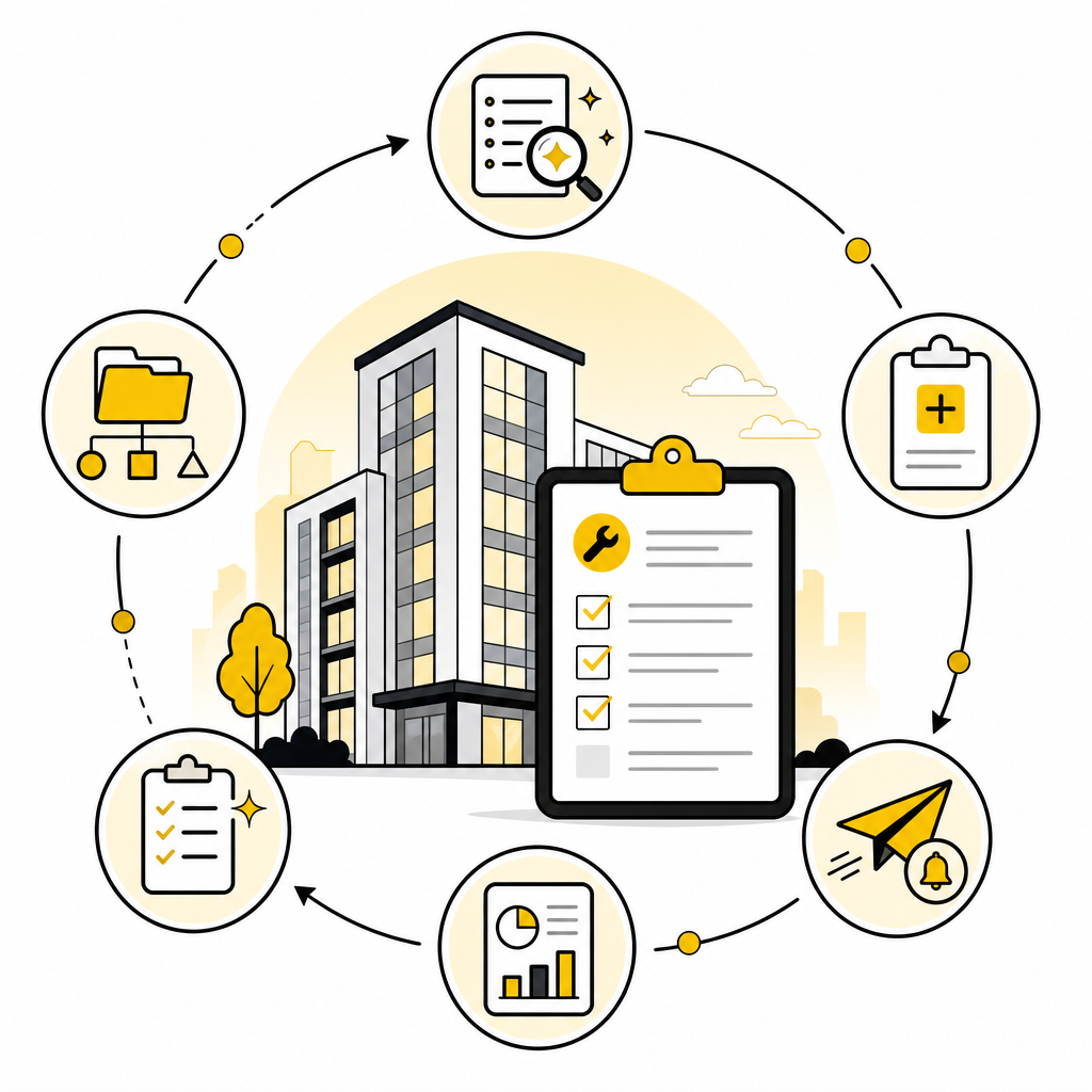 Illustration representing AI automation workflows for facilities and real estate, including maintenance, vendors, checklists, and reporting.