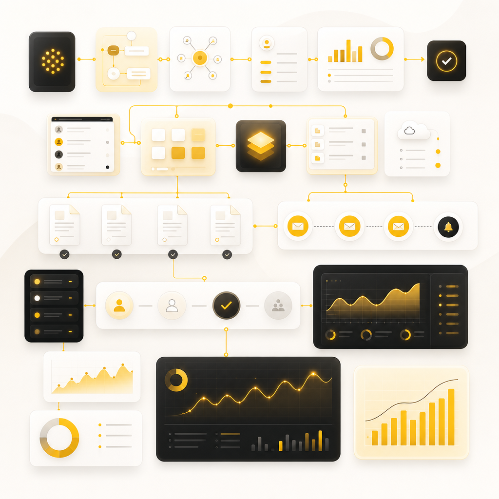 Custom AI automation workflow design with integrations, approvals, monitoring, and optimization panels.