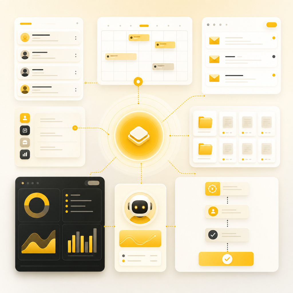 AI automation dashboard connecting CRM, scheduling, email, documents, and internal workflow systems.
