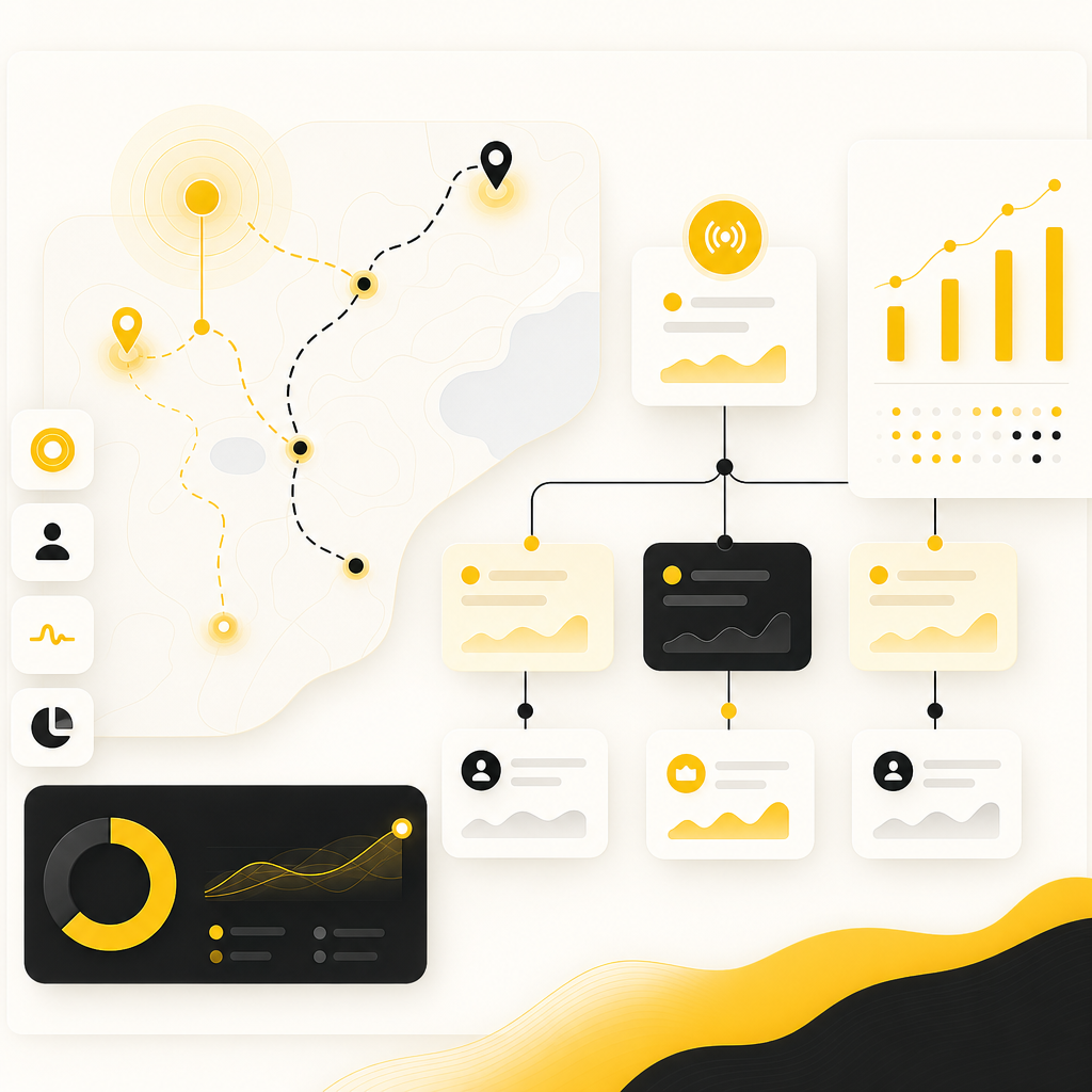 Abstract illustration of intent-signal routing and branching workflow with analytics accents.