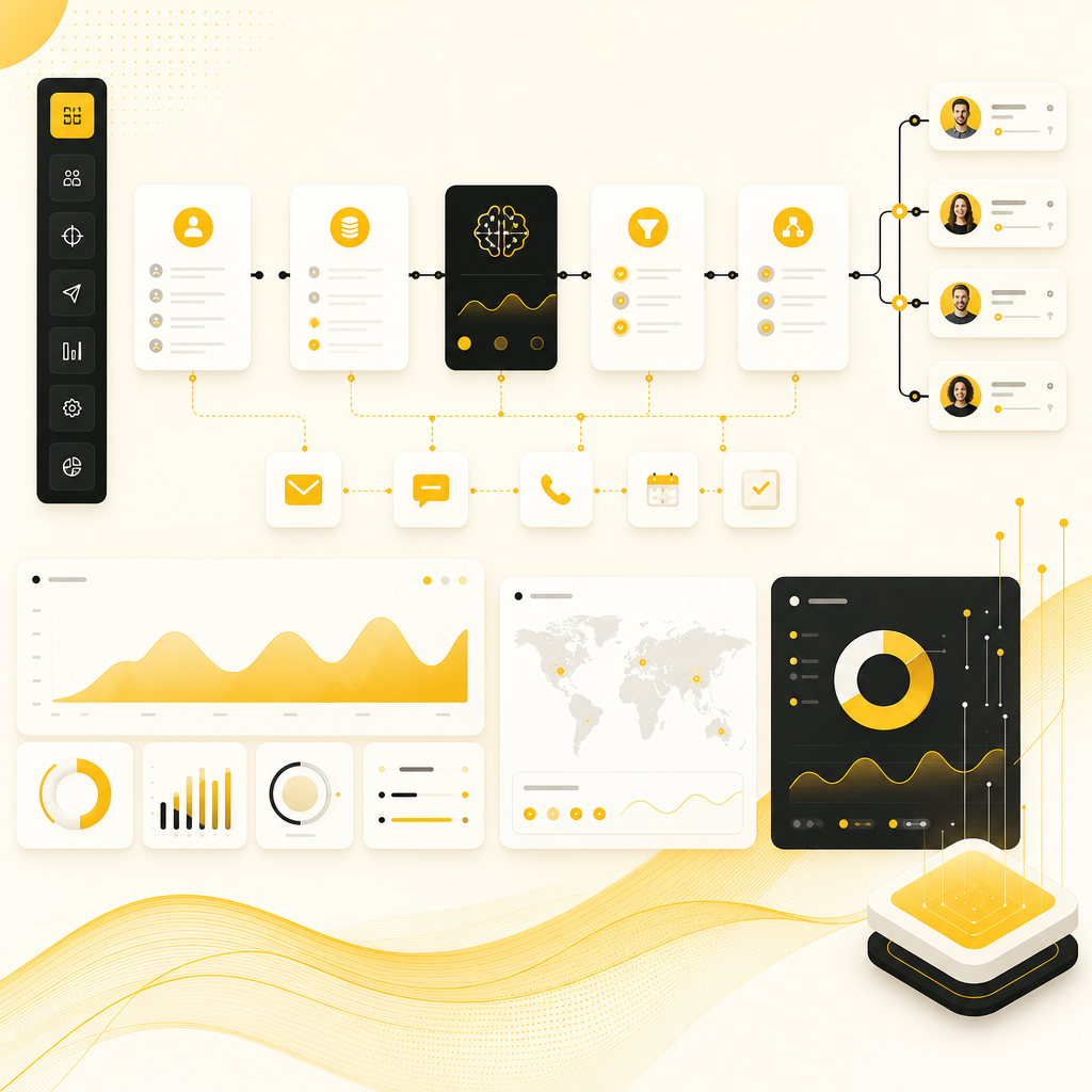 Abstract dashboard-style illustration showing an AI lead automation workflow and analytics flow.