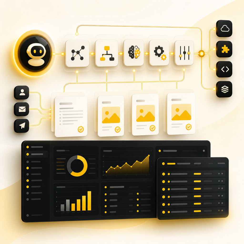 Abstract system diagram visualizing custom AI automation components and admin dashboards