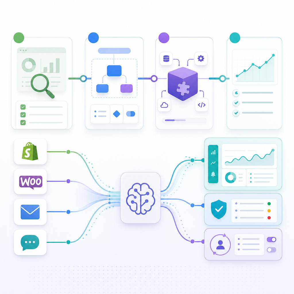 Illustration of a four-step build and integration process for AI automation workflows for Shopify and WooCommerce.