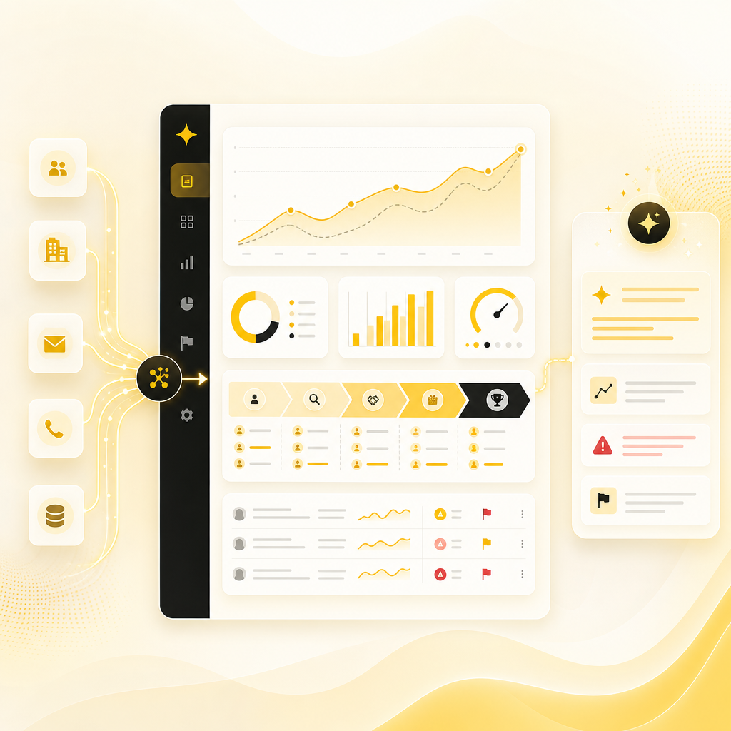 Illustration of an AI analytics dashboard summarizing pipeline performance, forecasting signals, and risk insights.