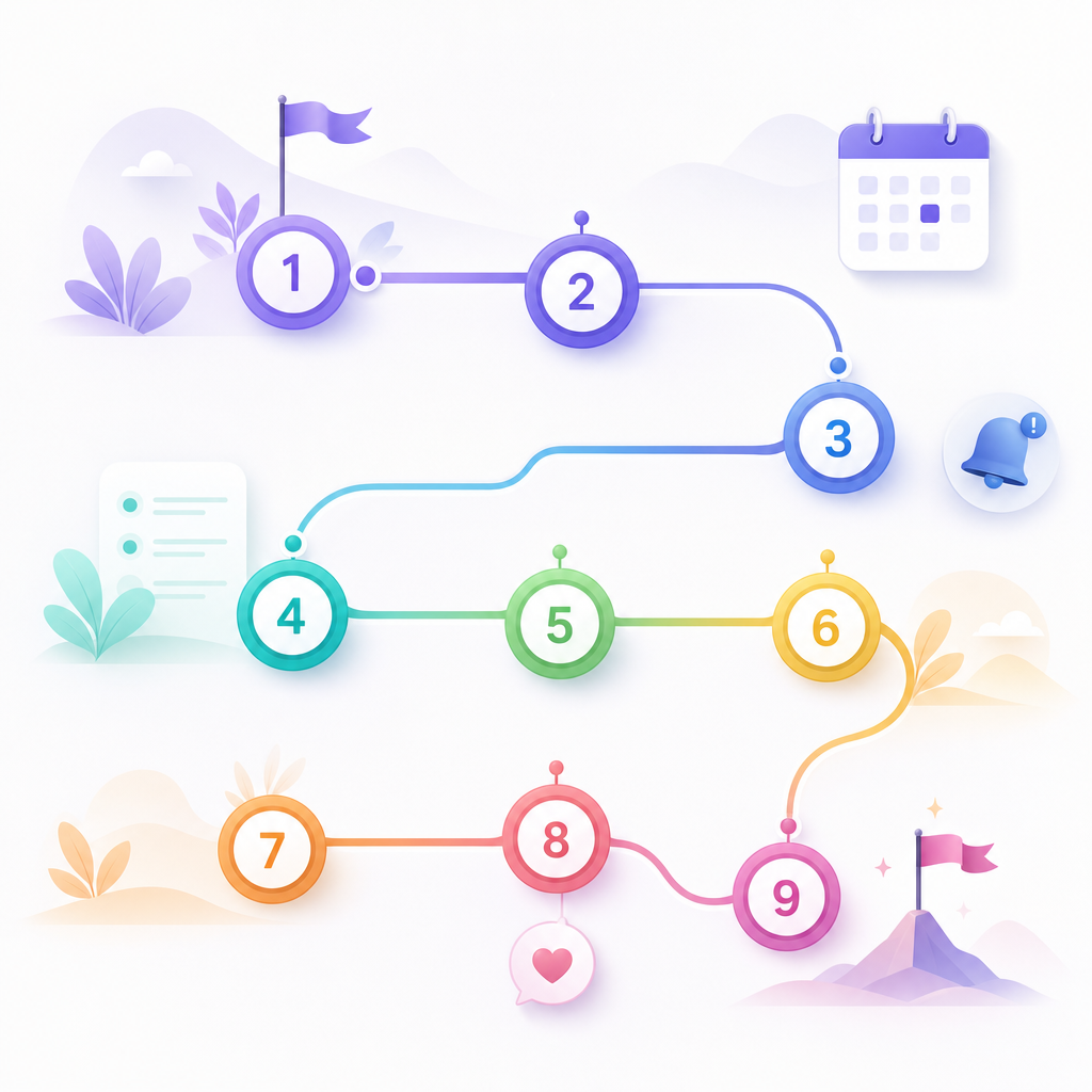 Illustration showing a step-by-step AI scheduling workflow journey from request to follow-up.