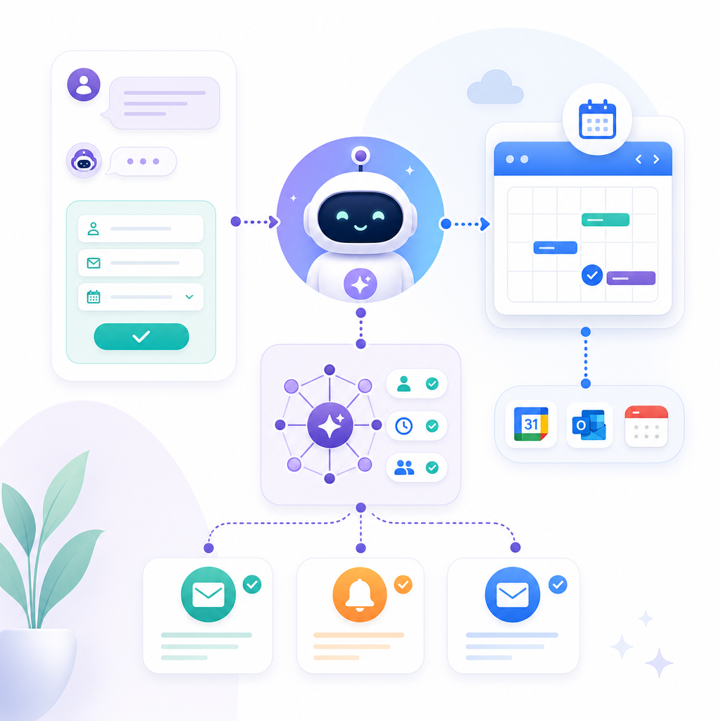 Premium illustration explaining how AI scheduling automates the scheduling lifecycle and calendar sync.