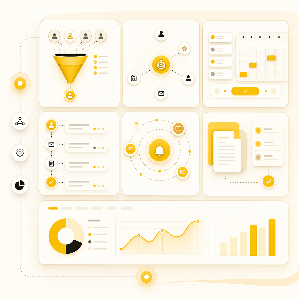 Modular dashboard illustration showing automation tiles for lead qualification, booking, onboarding, follow-ups, admin automation, and reporting.