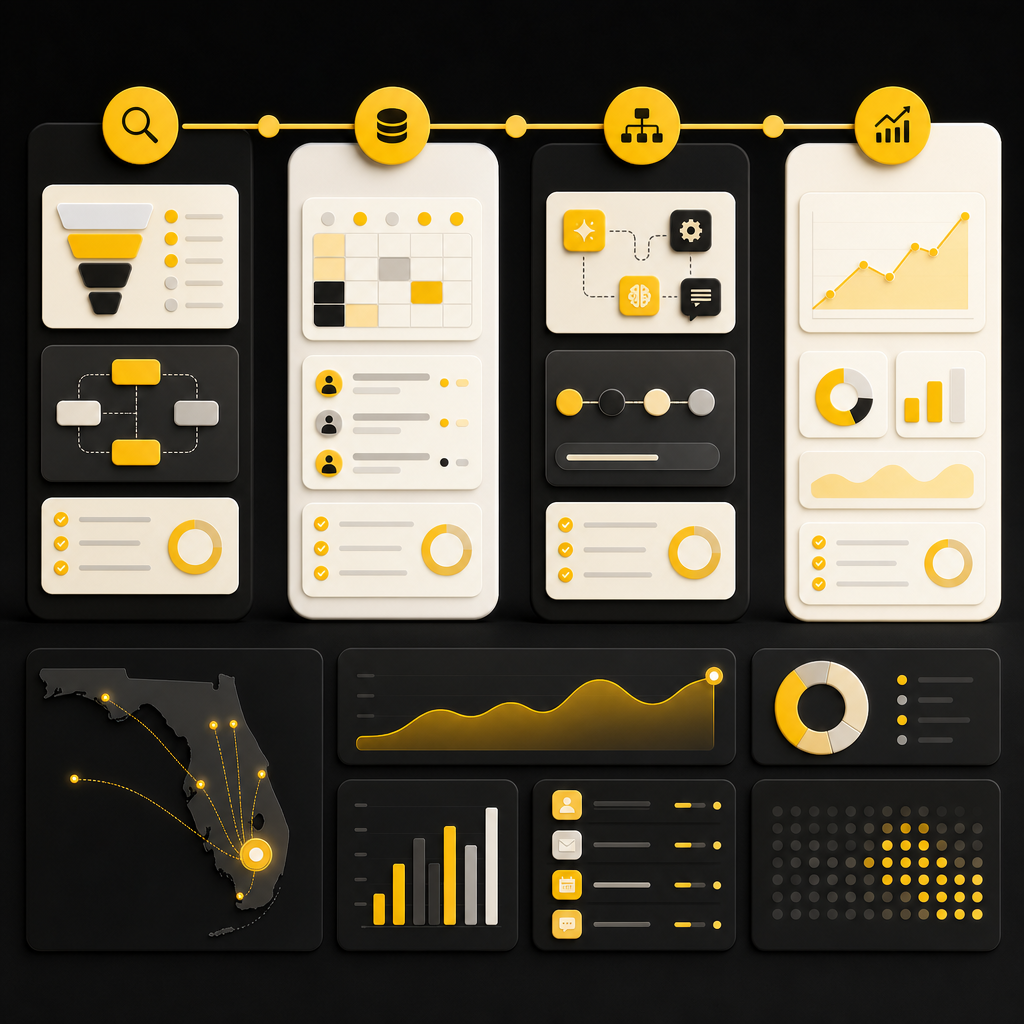 Four-phase sprint roadmap illustration with connected workflow panels for discovery, CRM cleanup, automation builds, and QA optimization.