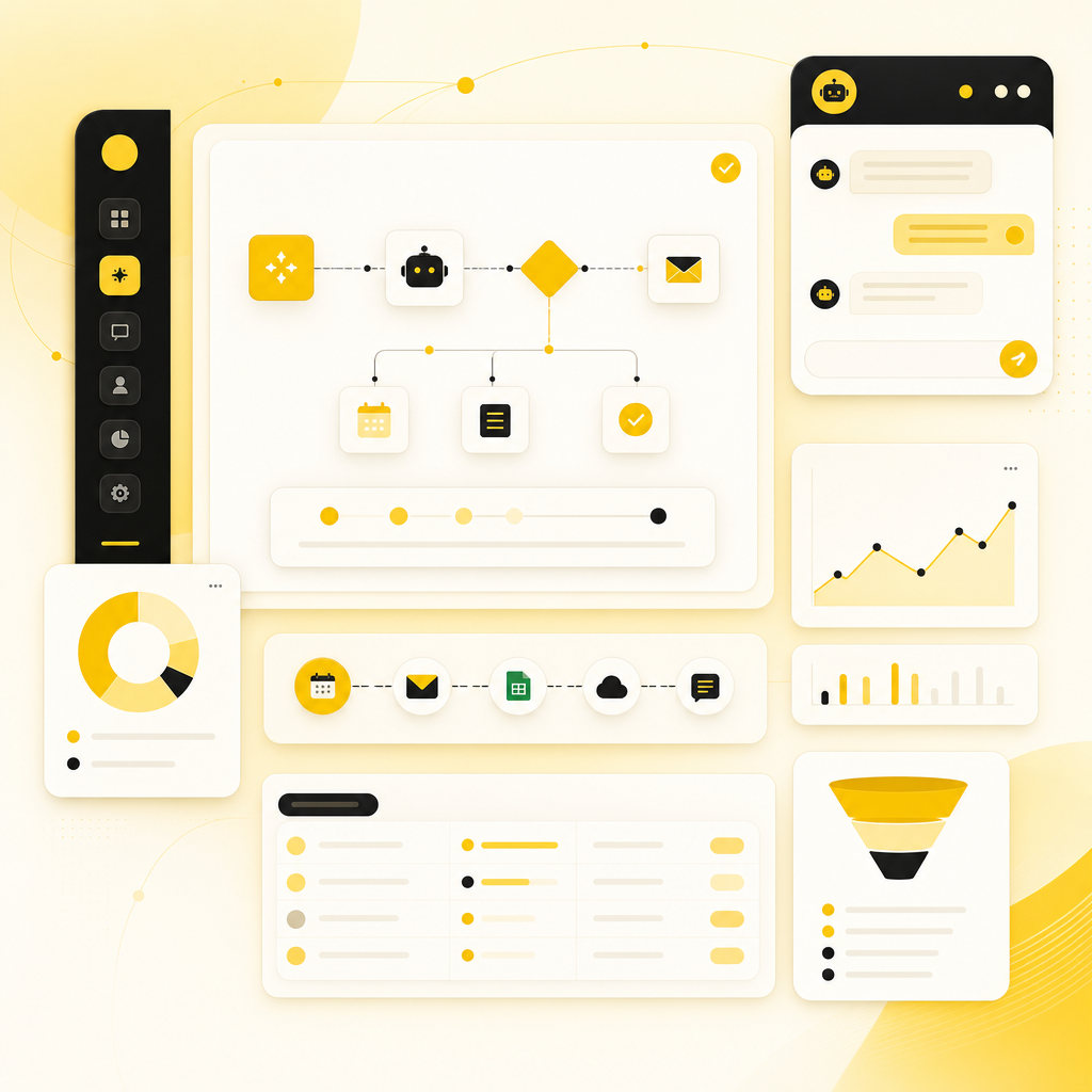Dashboard-style illustration of AI automation flows for coaching lead qualification, booking, onboarding, and CRM updates.