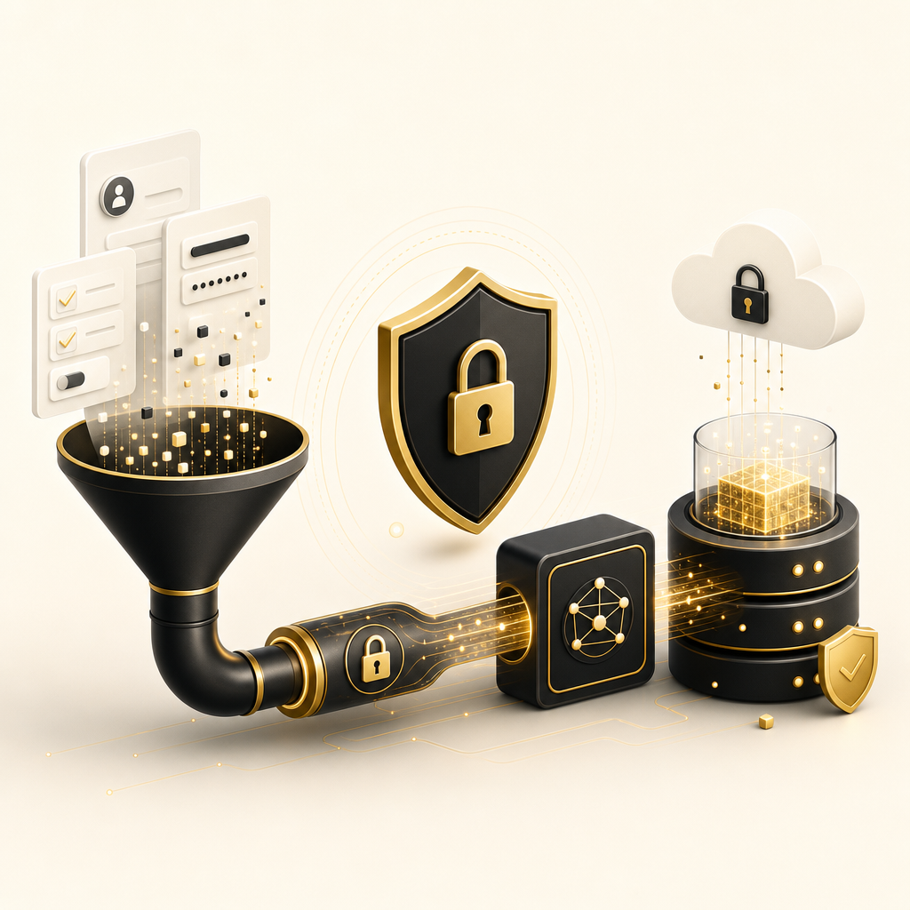 Illustration showing secure data handling and privacy for B2B lead systems.