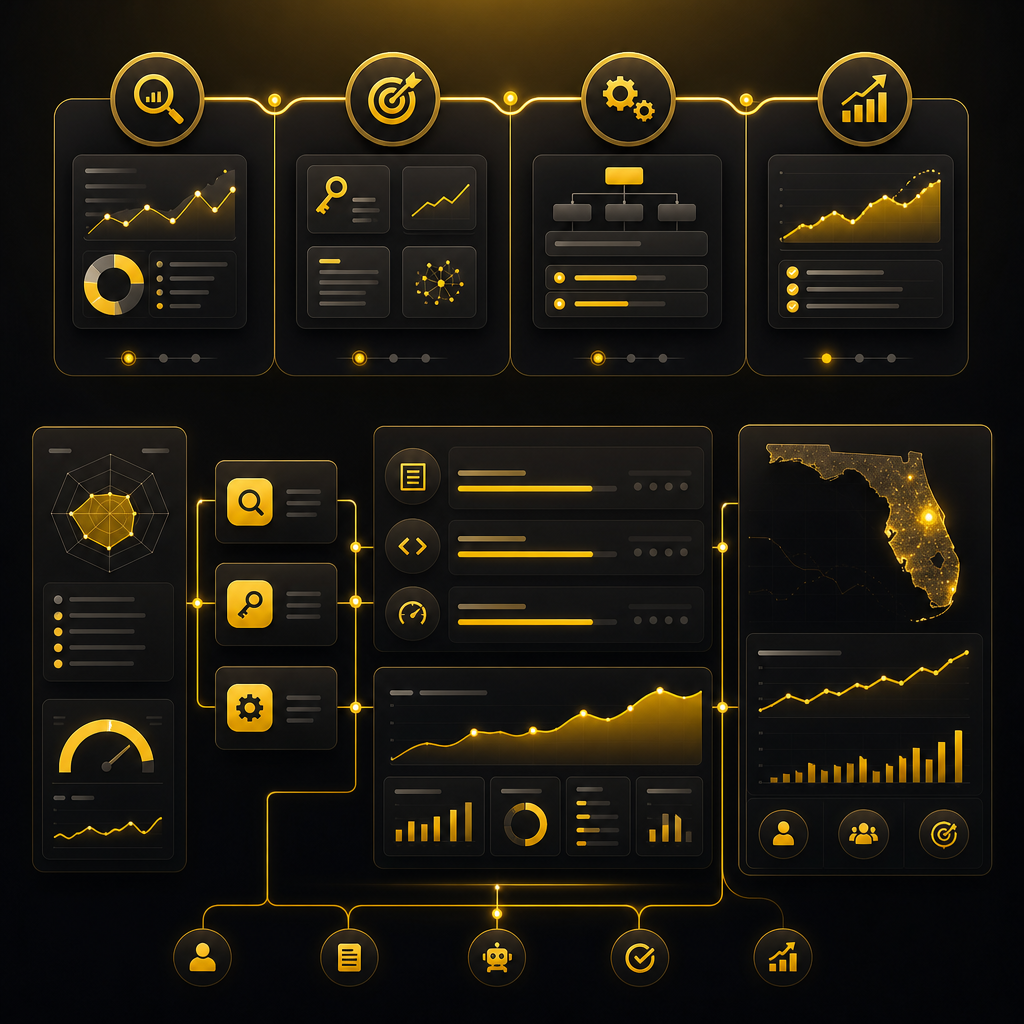 Modern workflow dashboard illustration showing the four-step B2B SEO process from audit to growth.
