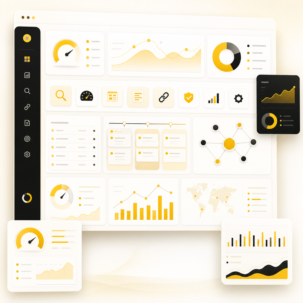 Dashboard-style illustration of technical SEO, content marketing, and reporting workflows for B2B search visibility.
