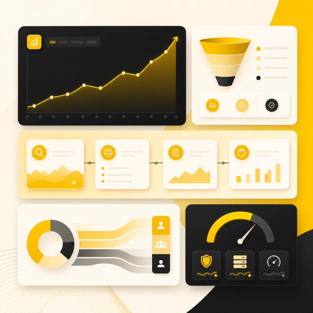 SaaS dashboard illustration showing B2B SEO growth, keyword journey cards, and conversion pipeline analytics.