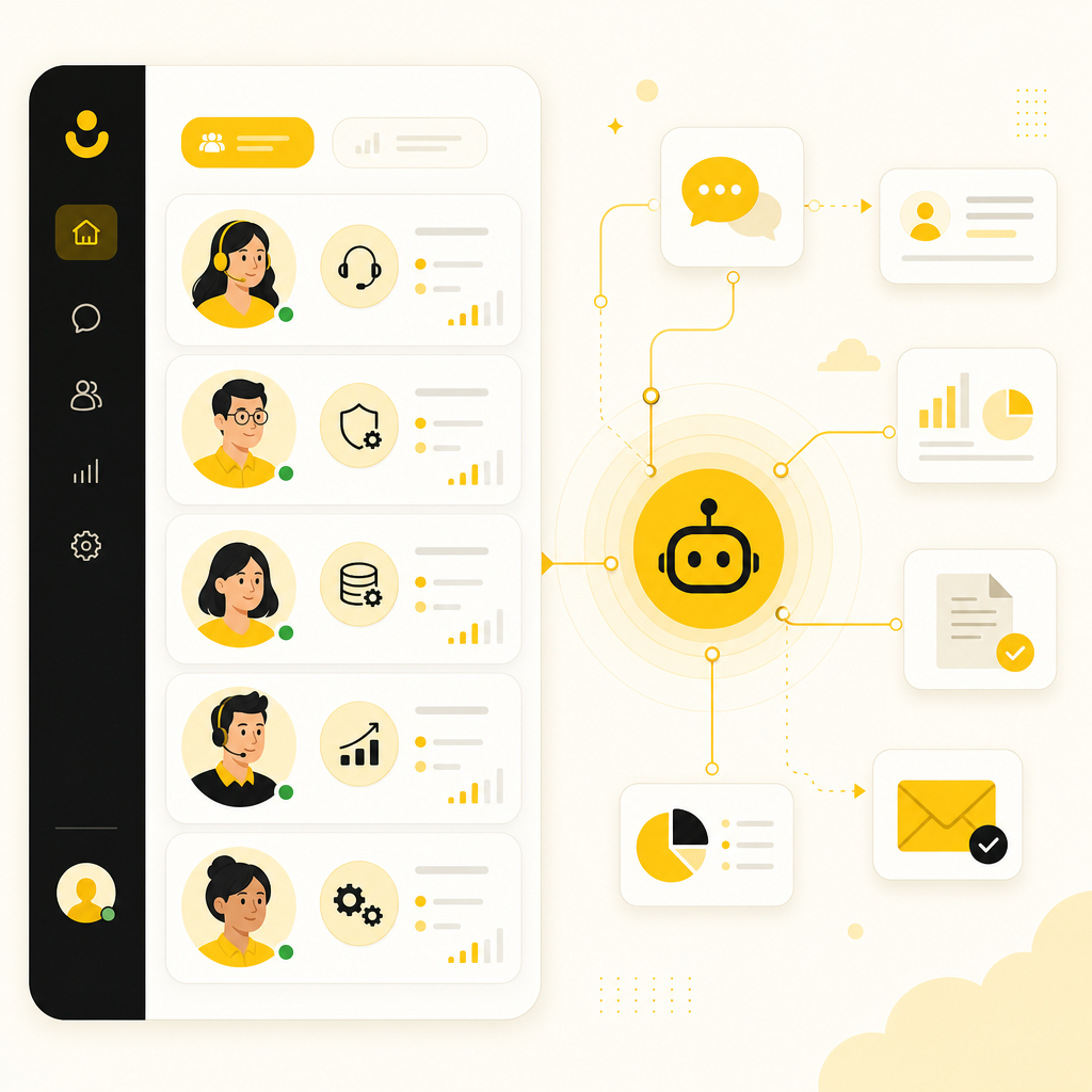 Illustration representing custom AI agents coordinating customer support, admin work, data processing, sales support, and internal operations.