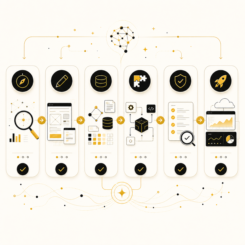 Illustration of an AI agent development approach with sequential stages for discovery, design, integration, testing, and deployment.