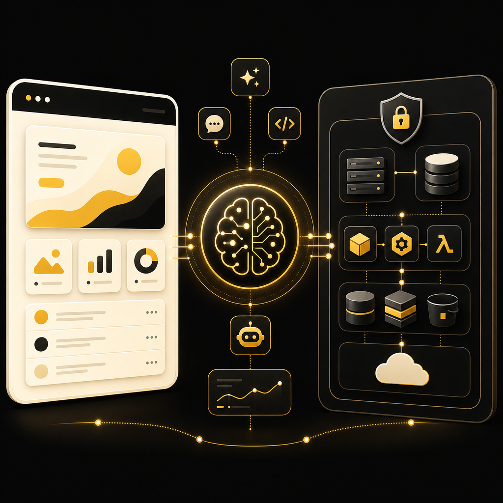 Illustration showing full-stack systems connected with AI agent development for secure, scalable operation.