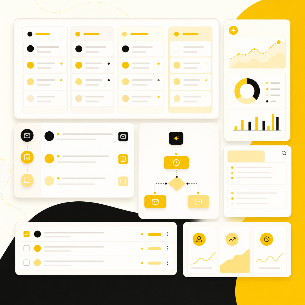 CRM automation dashboard illustration showing contact updates, follow-up triggers, notes, and task creation.