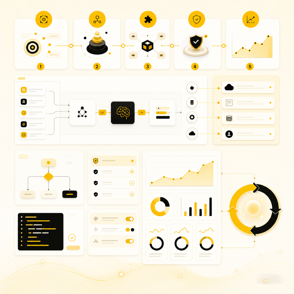 SaaS dashboard illustration showing a custom AI automation implementation workflow from mapping to monitoring.