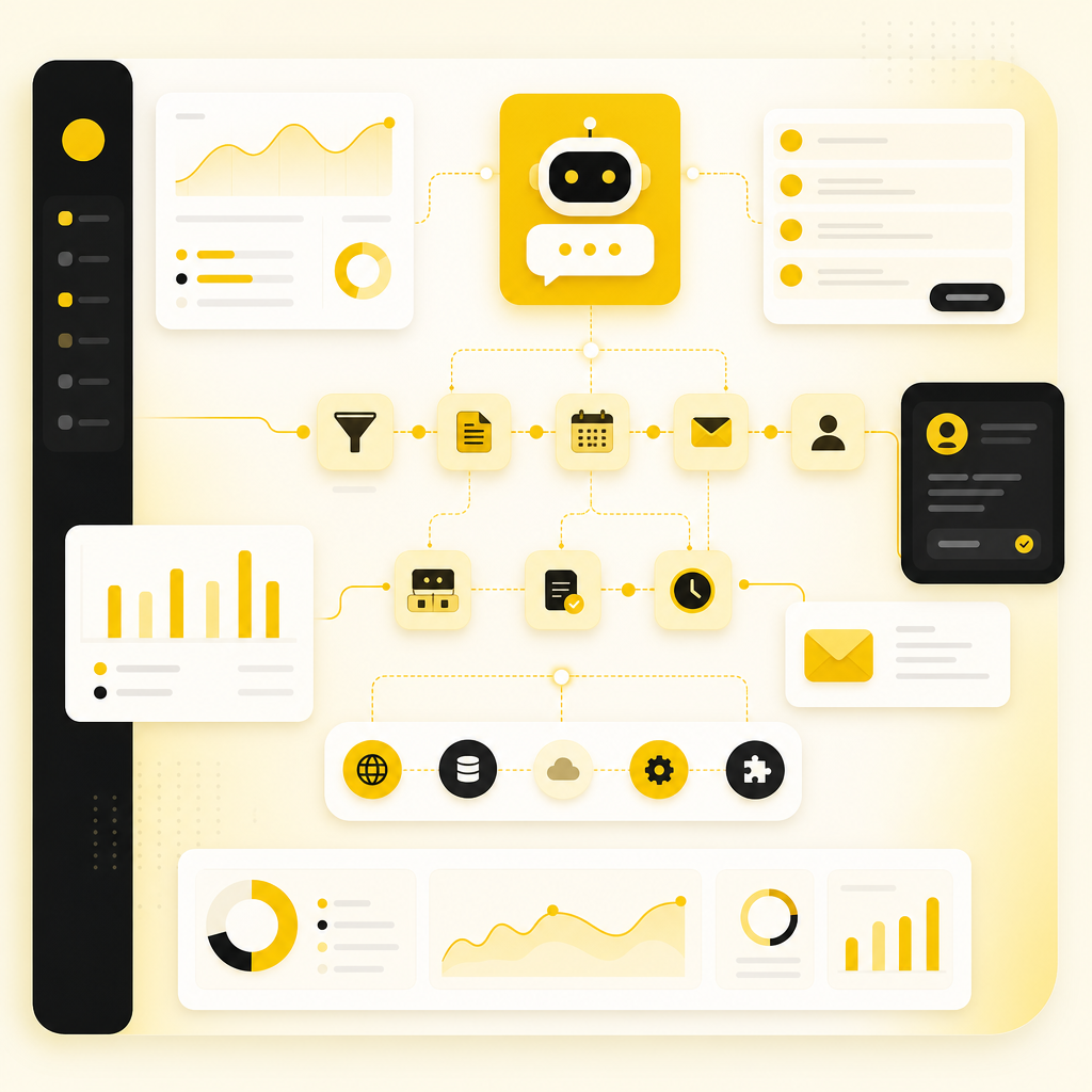 Dashboard-style illustration of AI automation workflows connecting CRM, support, email, reporting, and integrations.
