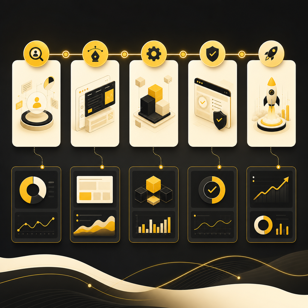Abstract development process timeline dashboard illustrating five connected phases and workflow cards.