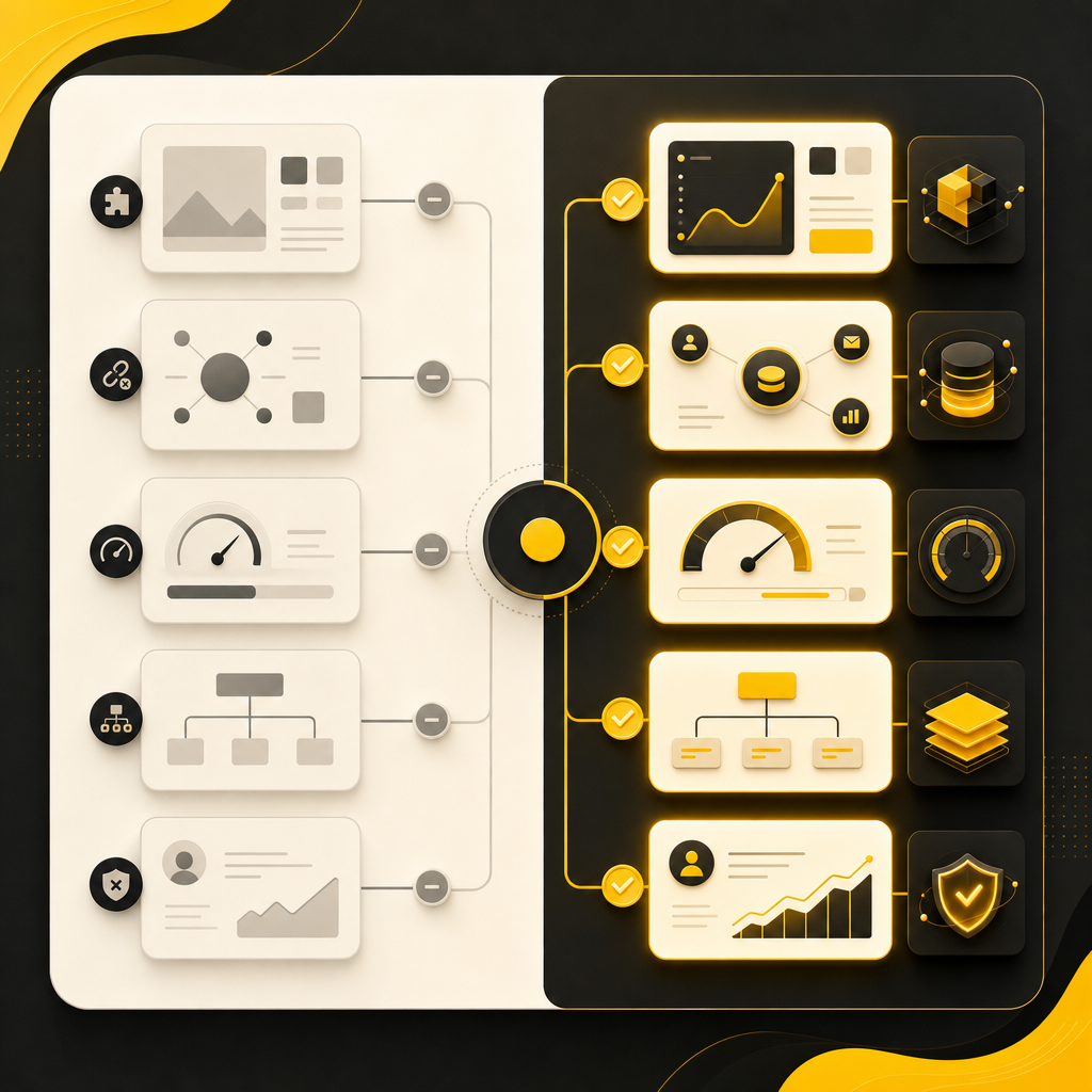 Abstract comparison dashboard illustration showing workflows and UI panels for B2B customization.