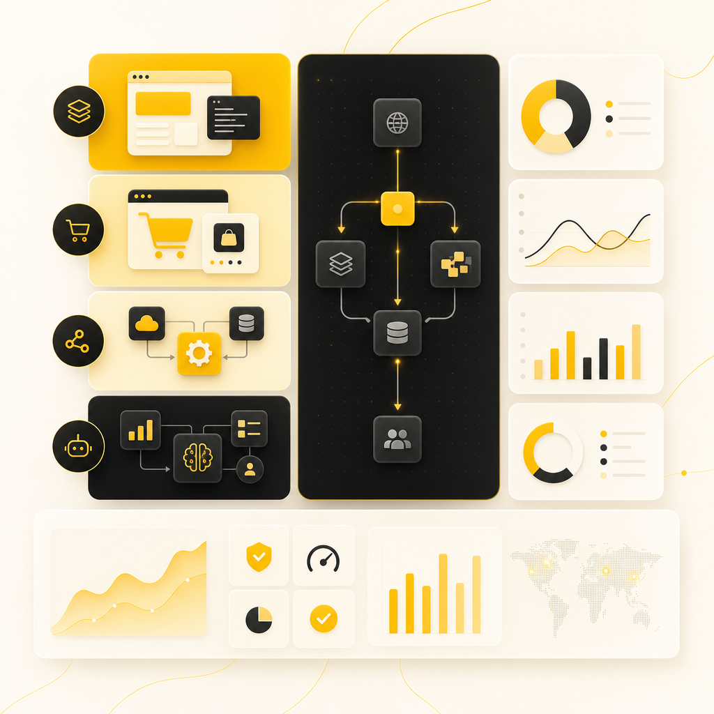 Modern illustrated dashboard with panels representing B2B website development services and integrations.