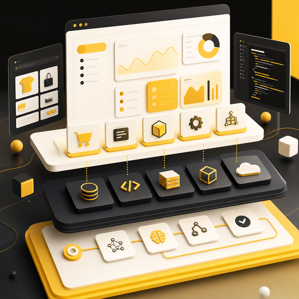 Abstract platform and custom-code architecture illustration with workflow panels.