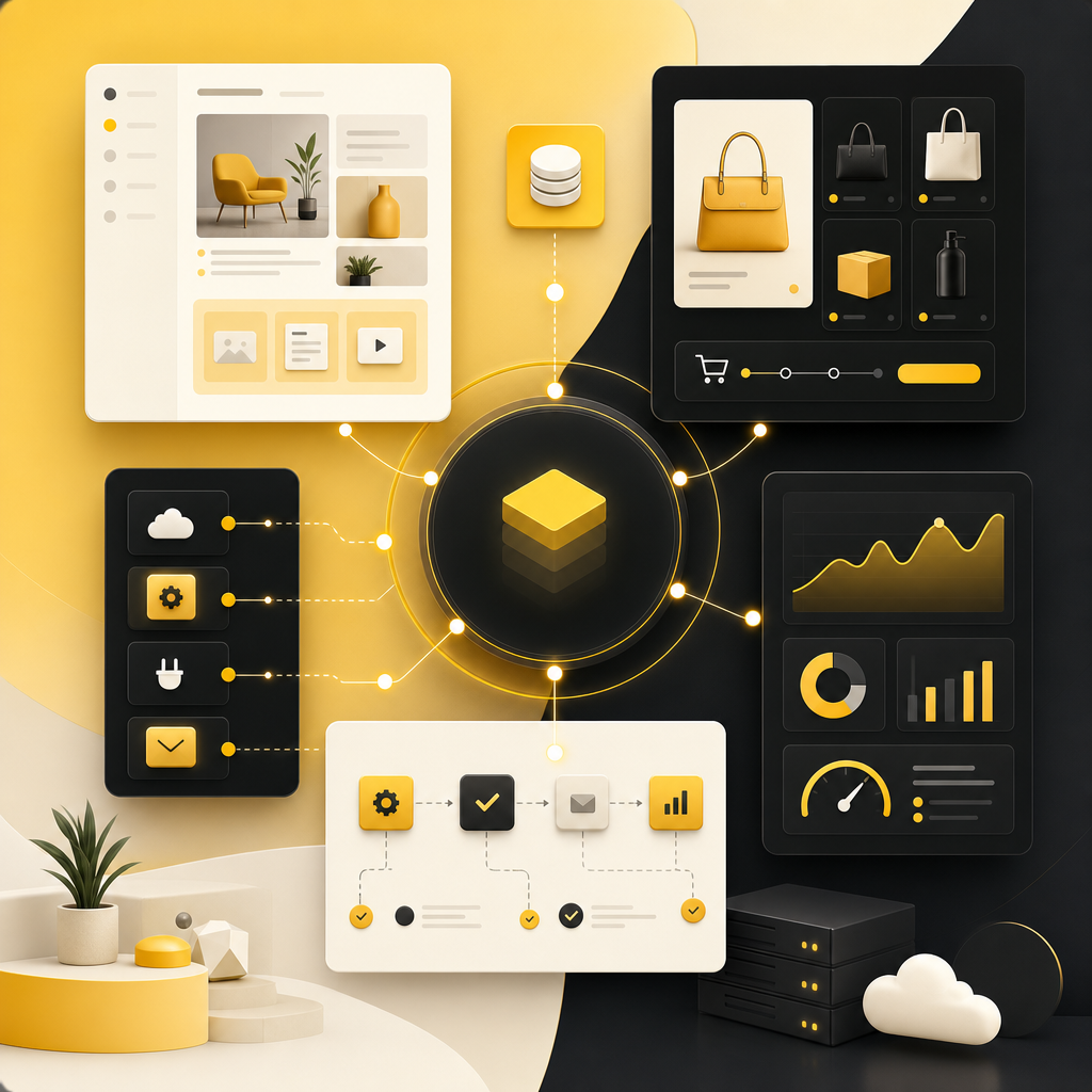 Abstract dashboard illustration representing CMS, ecommerce, integrations, and performance workflows.