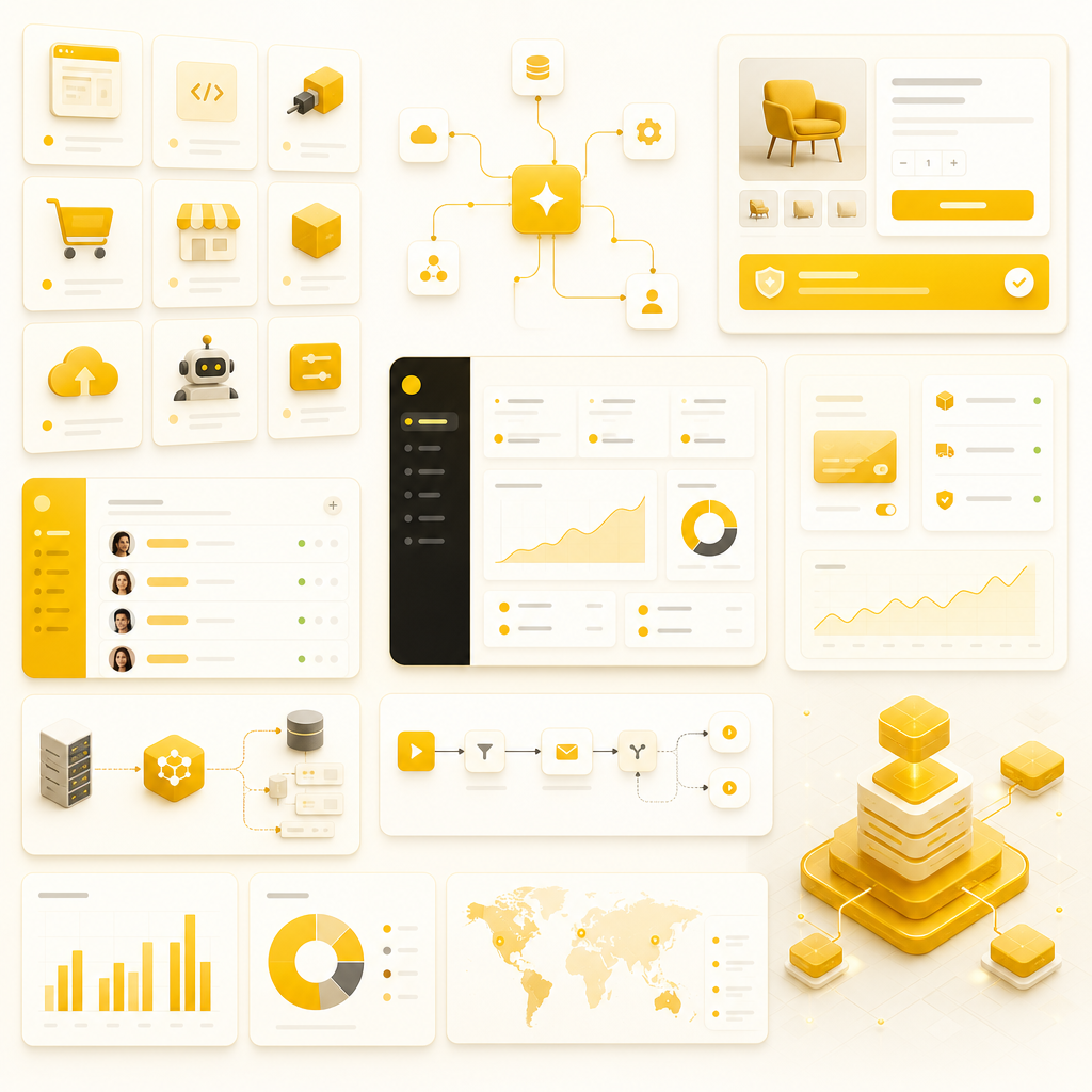 SaaS-style visual of service modules, API integration paths, and automation workflows.