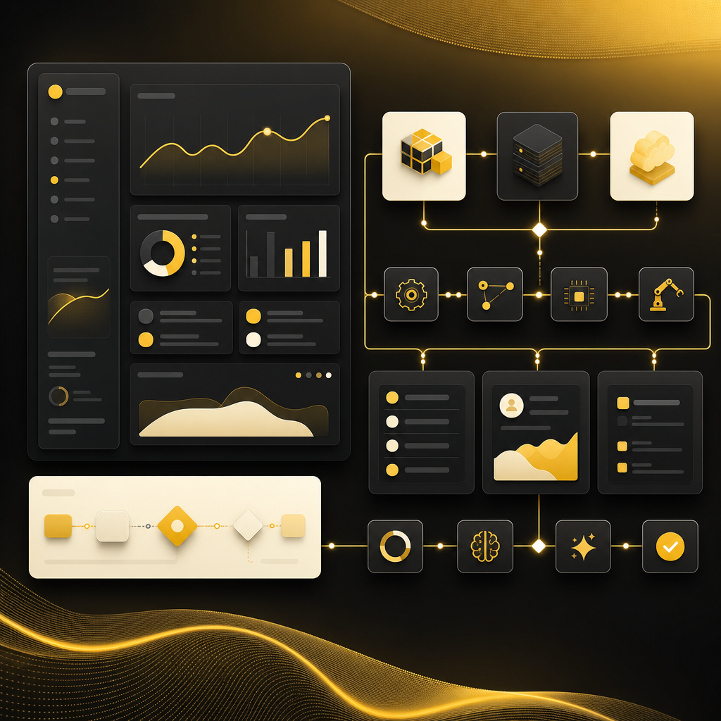 Abstract SaaS-style dashboard visuals representing custom development, scalable architecture, and automation workflows.