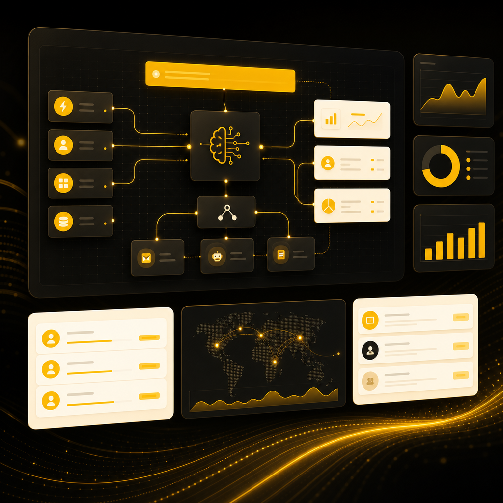 AI automation dashboard illustration with connected workflow nodes and reporting panels.