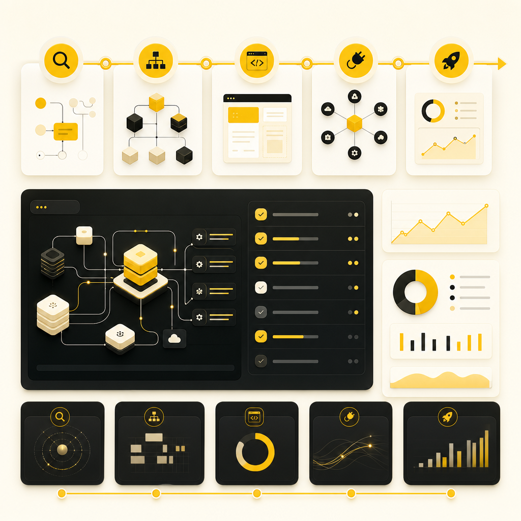 Project delivery process dashboard illustration with workflow pipeline and integration panels.
